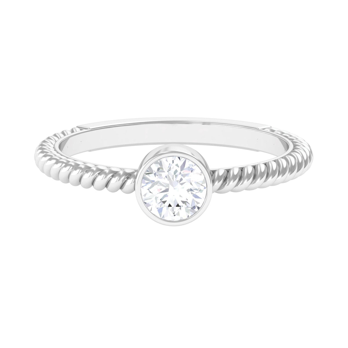 Bezel set 1/2 CT zircon solitaire ring with twisted rope details, elegant minimal design by Rosec Jewels.