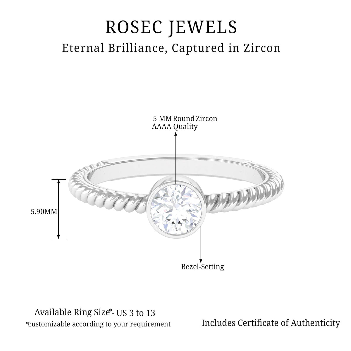 Rosec Jewels 1/2 CT bezel set zircon solitaire ring with twisted rope detail, showcasing elegant design and craftsmanship.