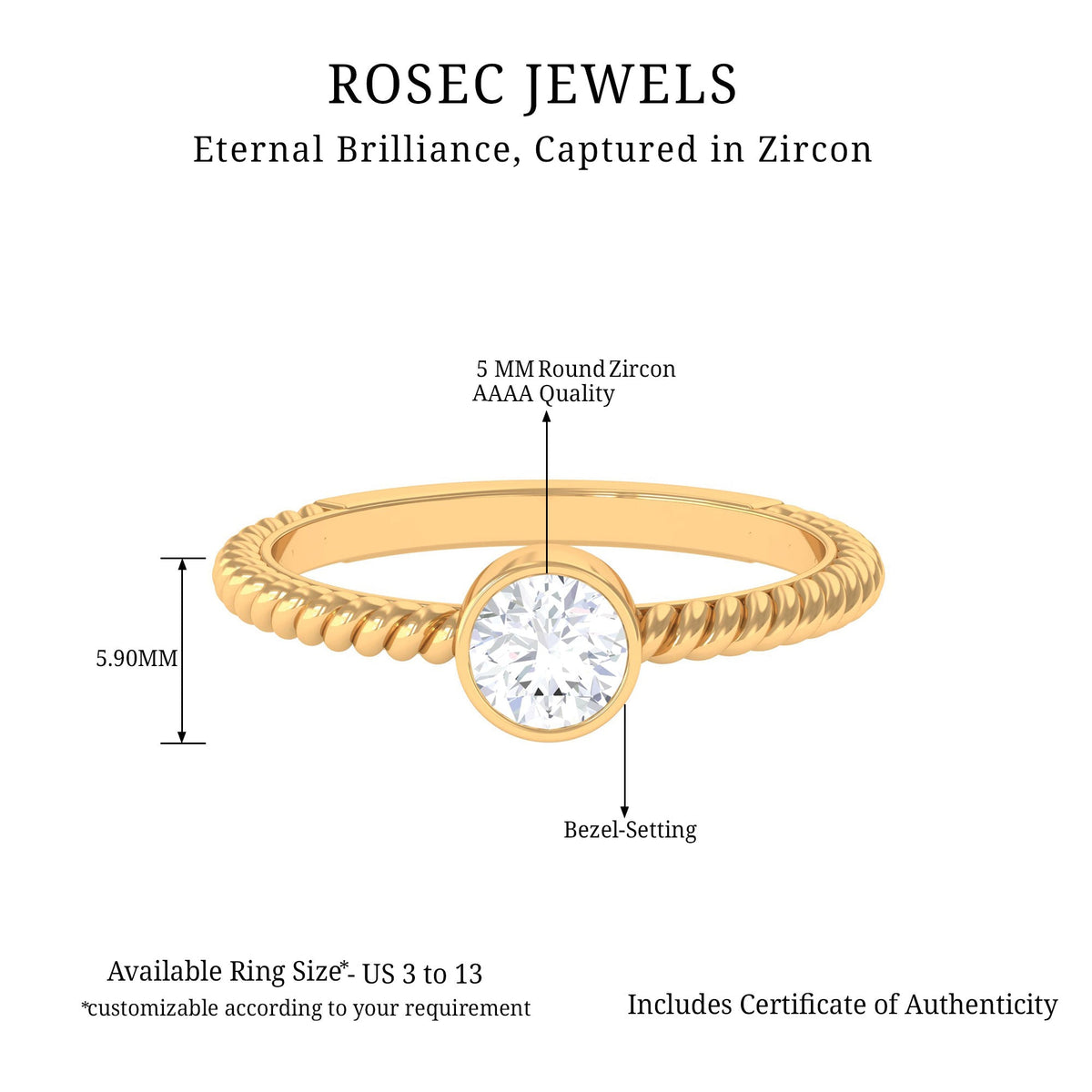Rosec Jewels 1/2 CT bezel set zircon solitaire ring with twisted rope detail, showcasing elegant minimal design and sparkling center stone.