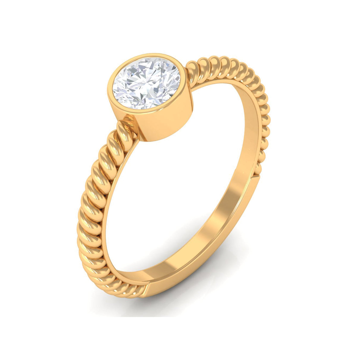 Rosec Jewels 1/2 CT bezel set zircon solitaire ring with twisted rope detail, showcasing elegant minimal design and sparkling stone.