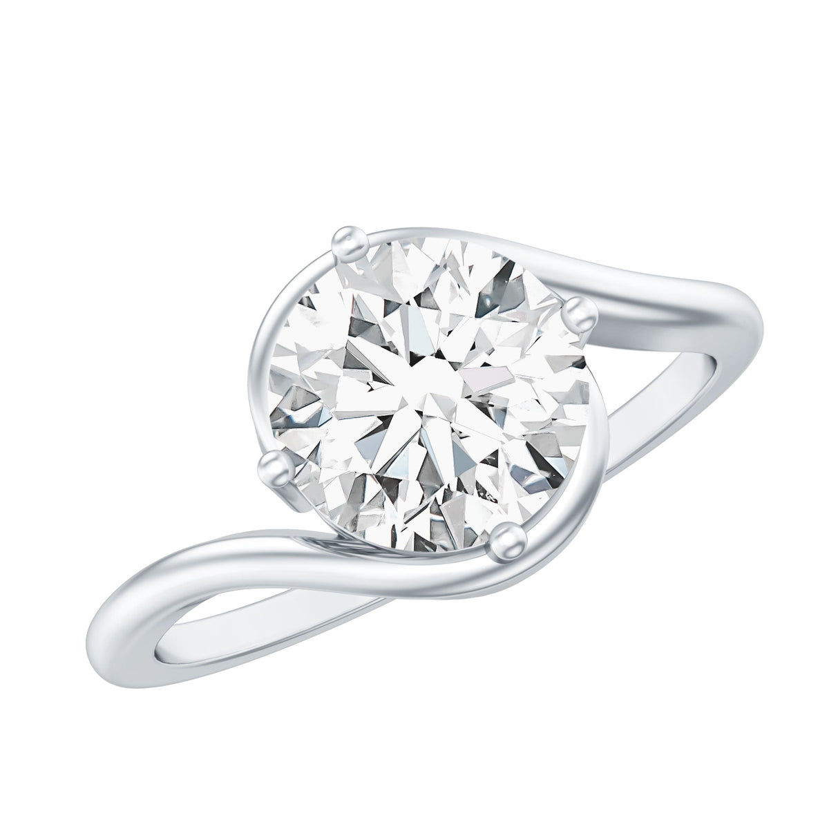 Round cut 2 carat moissanite solitaire engagement ring with bypass shank, featuring a polished gold band and sparkling center stone.