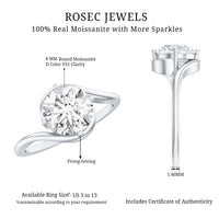 Round cut 2 carat moissanite solitaire engagement ring with bypass shank from Rosec Jewels, showcasing the elegant ring design.