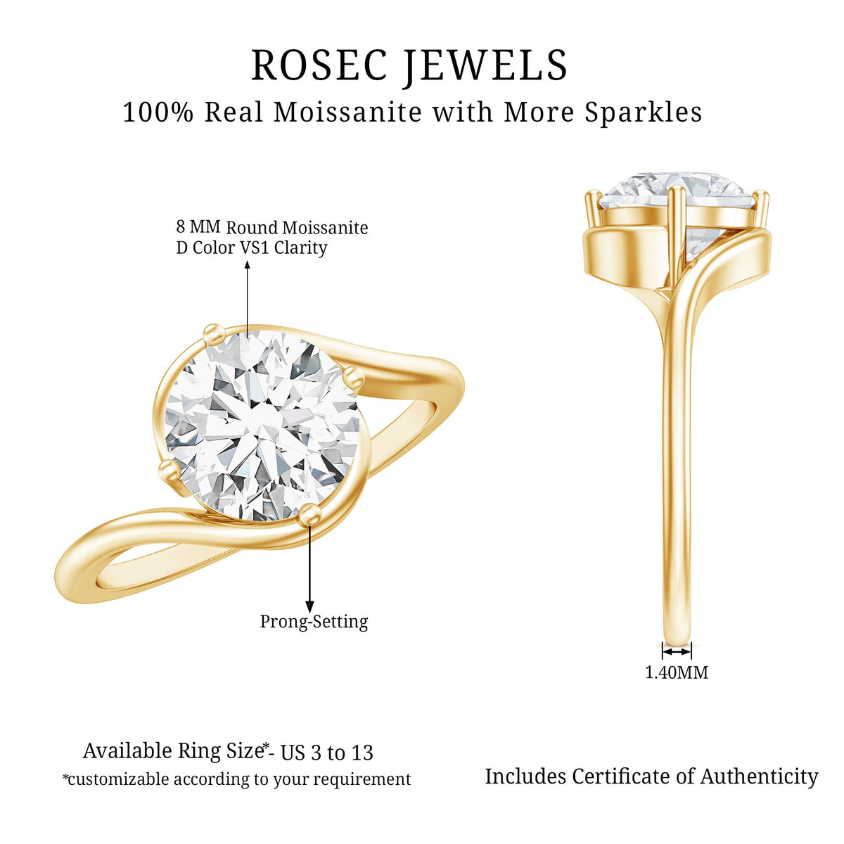 Round cut 2 carat moissanite solitaire engagement ring with bypass shank from Rosec Jewels, featuring a sparkling central stone and elegant band.