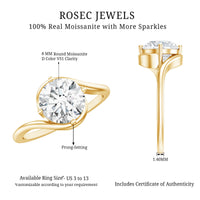 Round cut 2 carat moissanite solitaire engagement ring with bypass shank from Rosec Jewels, featuring a sparkling central stone and elegant band.