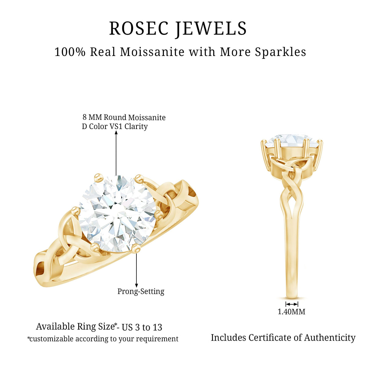8 MM Round Cut Moissanite Celtic Design Engagement Ring