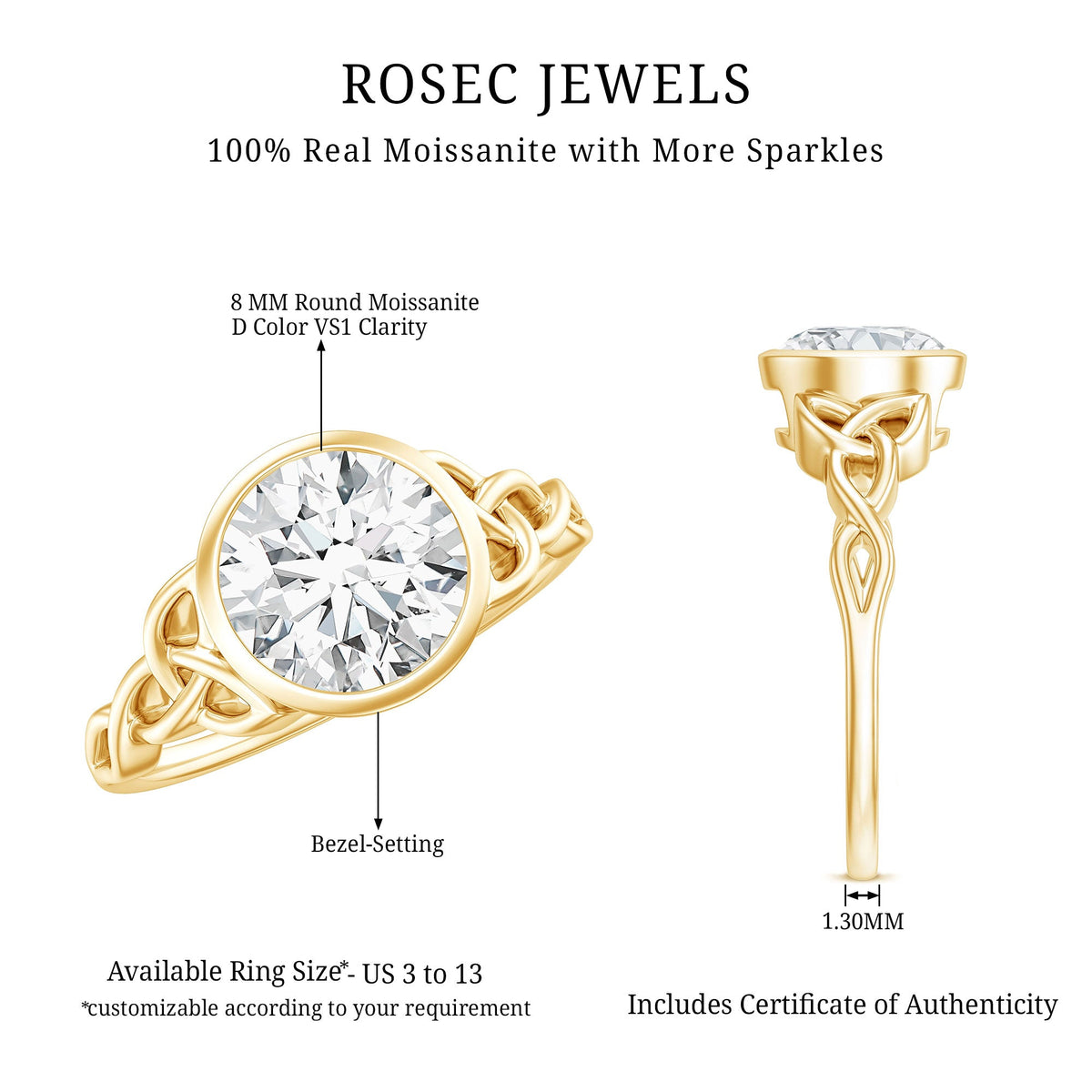 Solitaire Moissanite Celtic Knot Engagement Ring in Bezel Setting