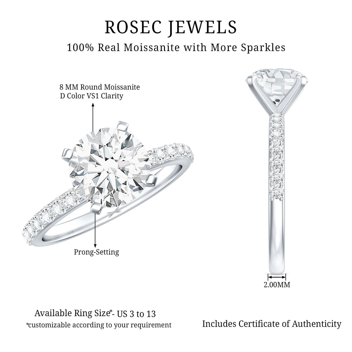 Certified 2 Carat Moissanite Solitaire Engagement Ring in Silver