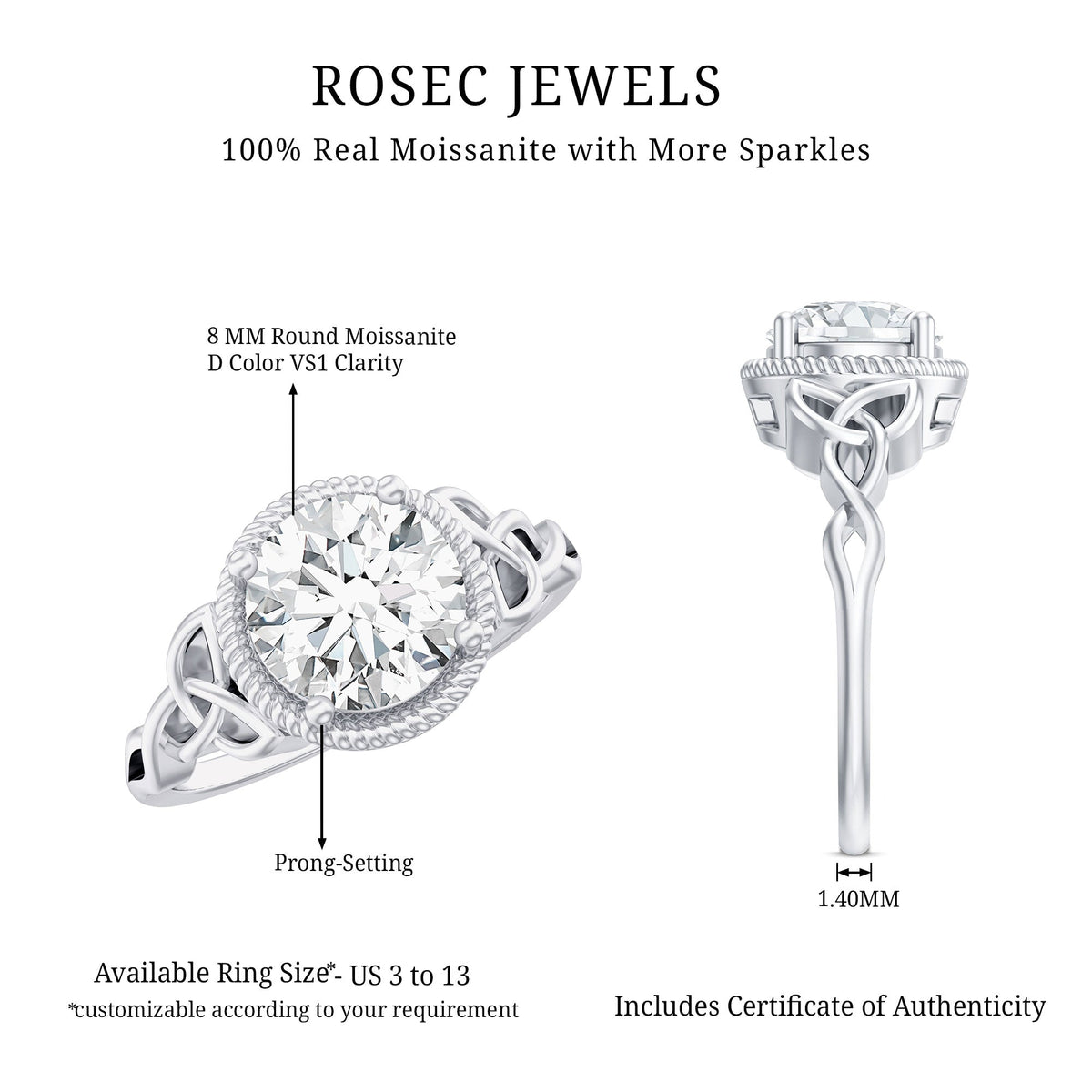 Brilliant cut moissanite engagement ring with rope frame, featuring a sparkling central stone and intricate gold detailing.