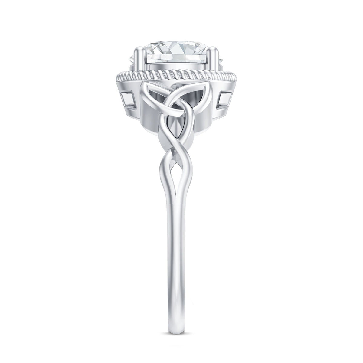 Brilliant cut moissanite engagement ring with rope frame by Rosec Jewels, featuring a sparkling central stone and intricate band details.