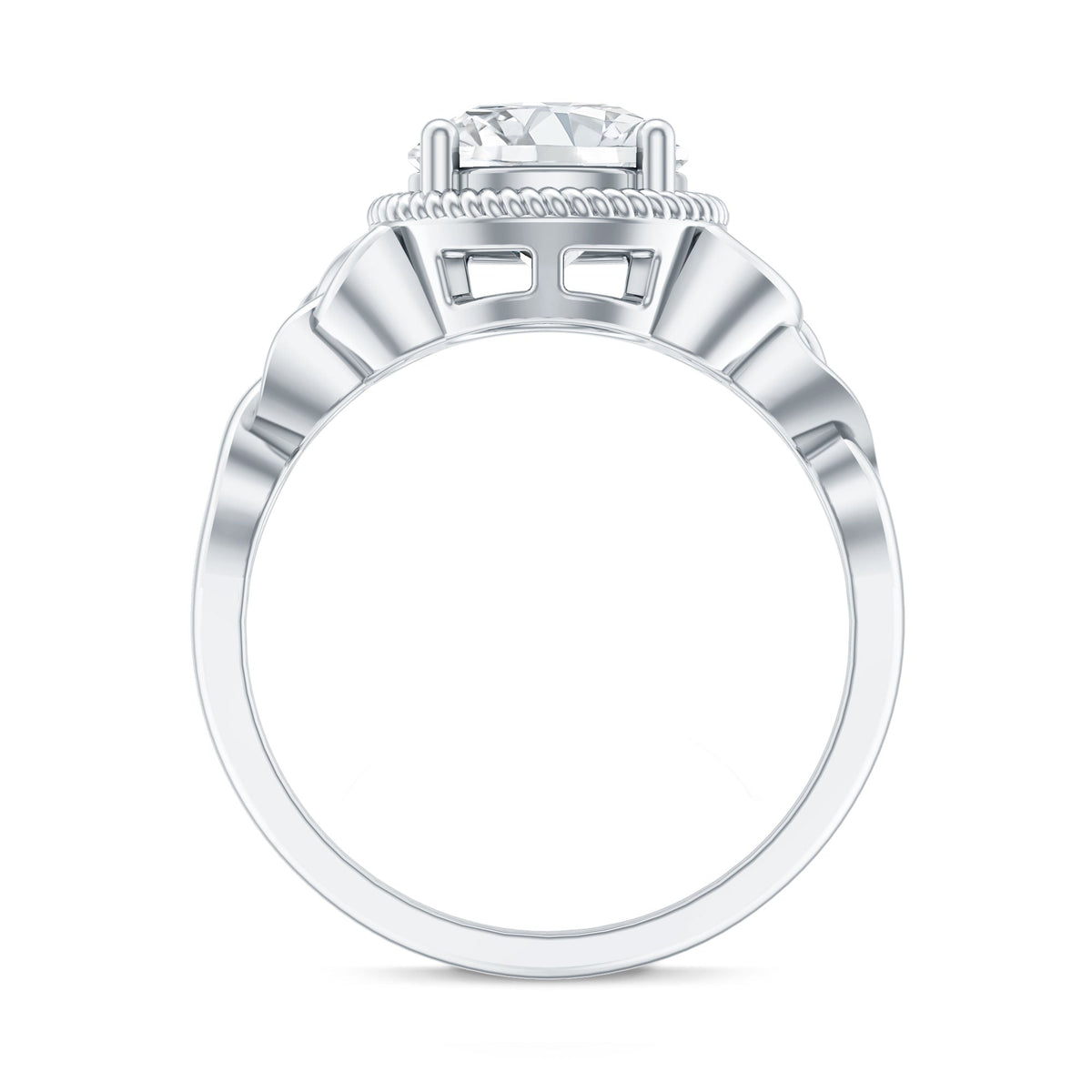 Brilliant cut moissanite engagement ring with rope frame design by Rosec Jewels, showcasing a sparkling central stone and intricate band detail.
