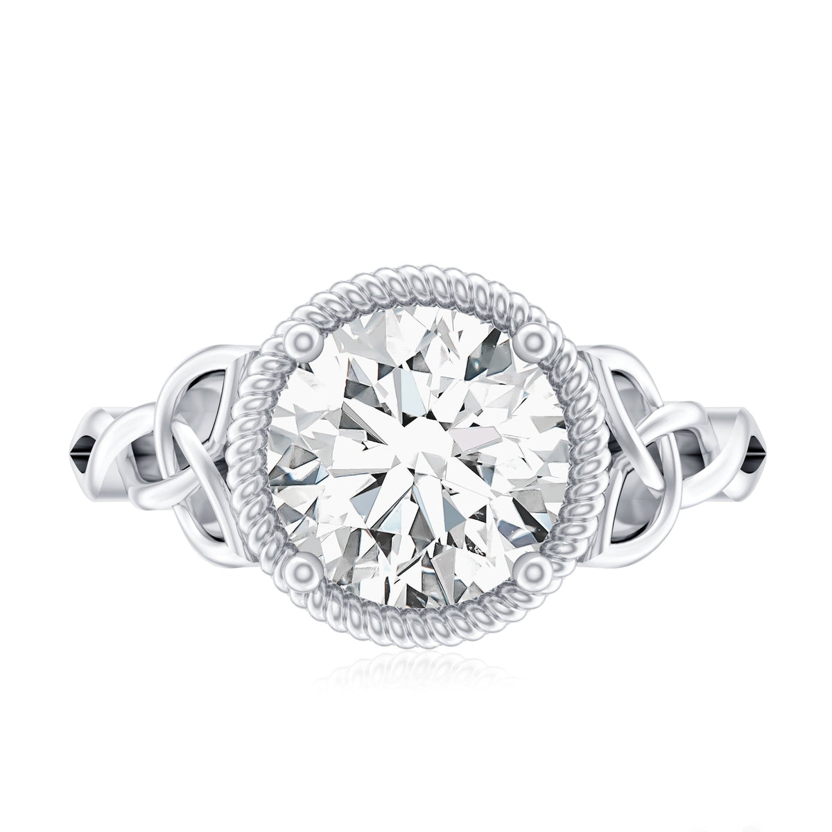 Brilliant cut moissanite engagement ring with rope frame by Rosec Jewels, showcasing a sparkling center stone and intricate band detail.