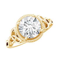 Brilliant cut moissanite engagement ring with rope frame by Rosec Jewels, showcasing a sparkling central stone and intricate band detail.