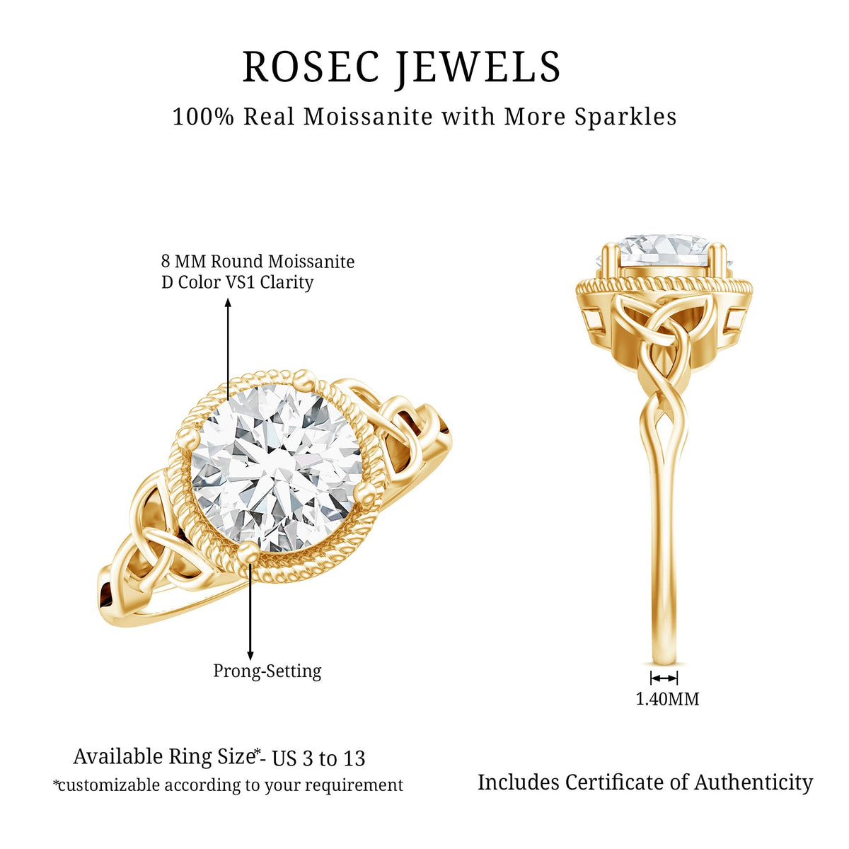 Brilliant cut moissanite engagement ring with rope frame setting by Rosec Jewels, showcasing a sparkling central stone and intricate band detail.