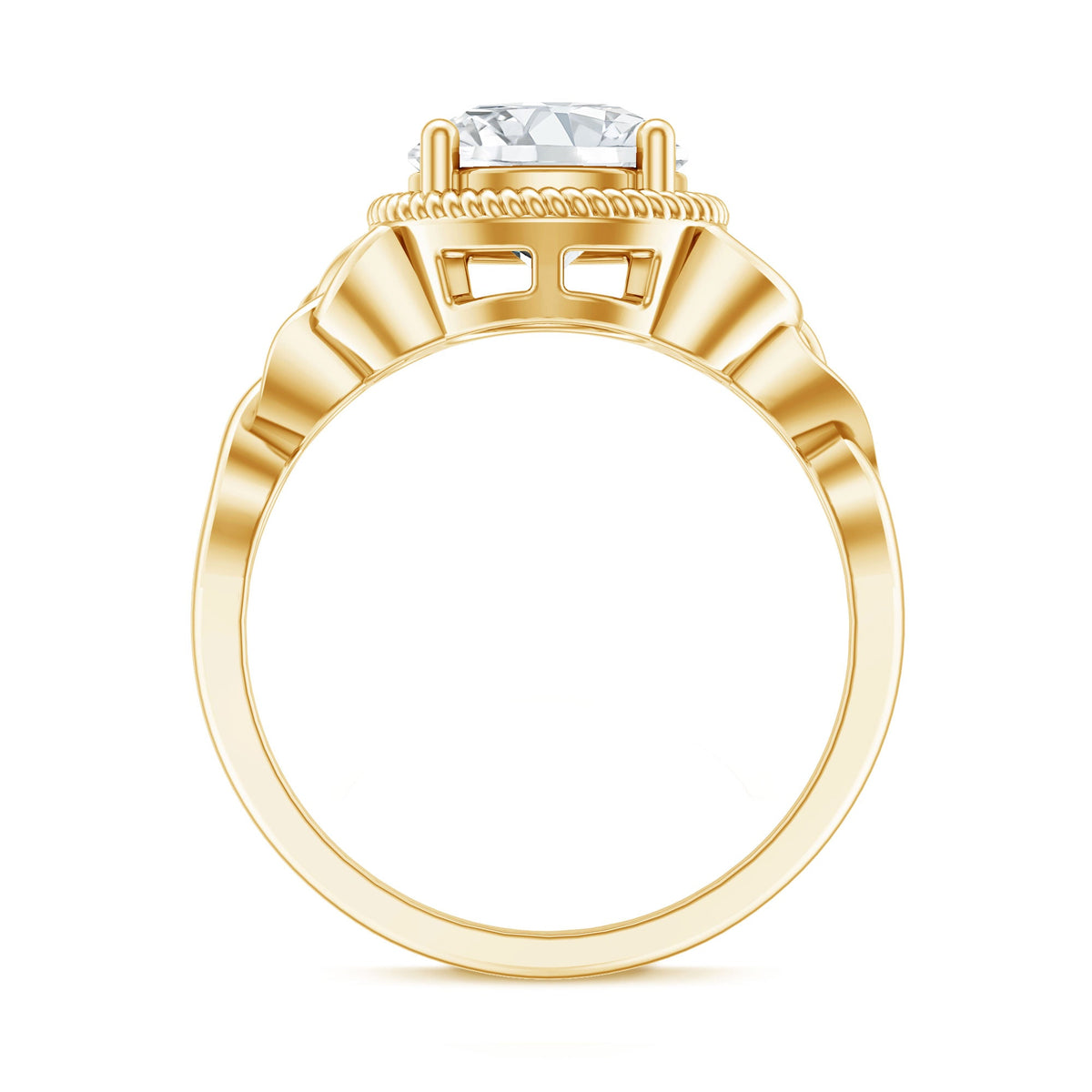Brilliant cut moissanite engagement ring with rope frame design by Rosec Jewels, showcasing a sparkling center stone and intricate band details.