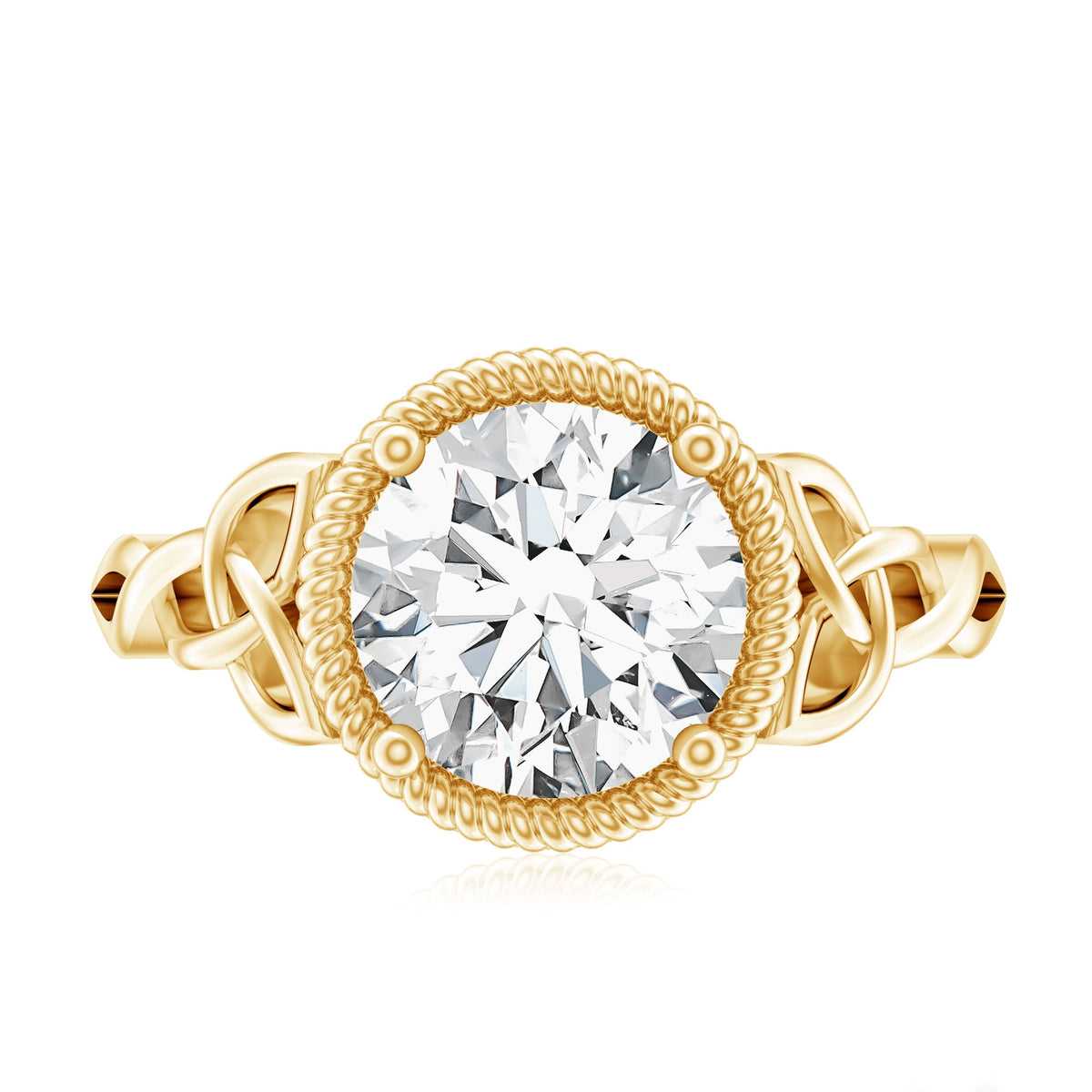Brilliant cut moissanite engagement ring with rope frame from Rosec Jewels, showcasing a sparkling center stone and intricate band detail.