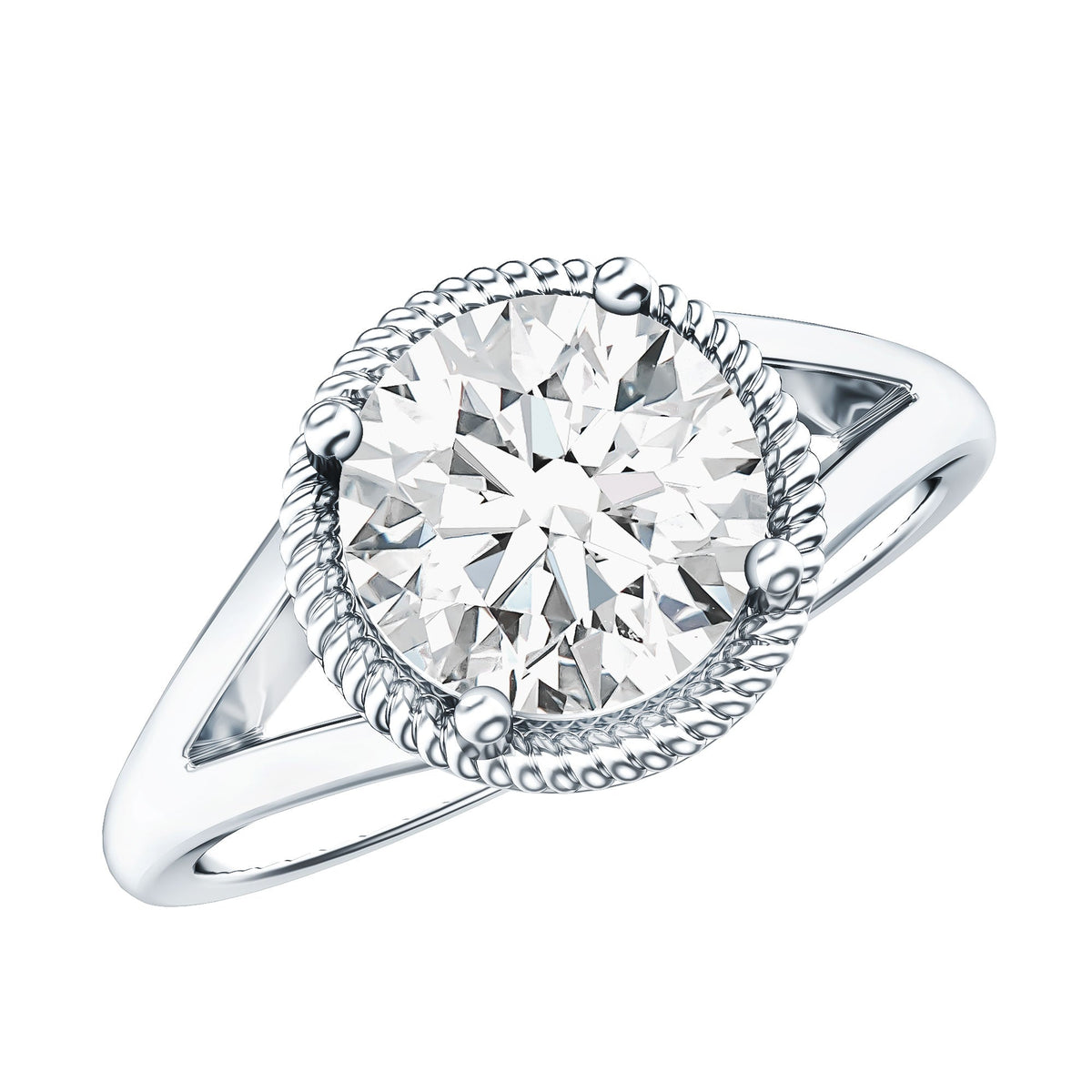 Two-carat round moissanite rope band engagement ring with intricate design, set in a silver-colored metal, from Rosec Jewels.