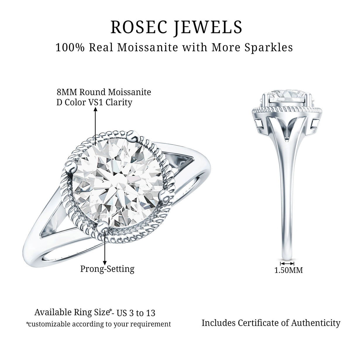 Round moissanite rope band engagement ring with 2-carat total weight, featuring a detailed gold band design by Rosec Jewels.