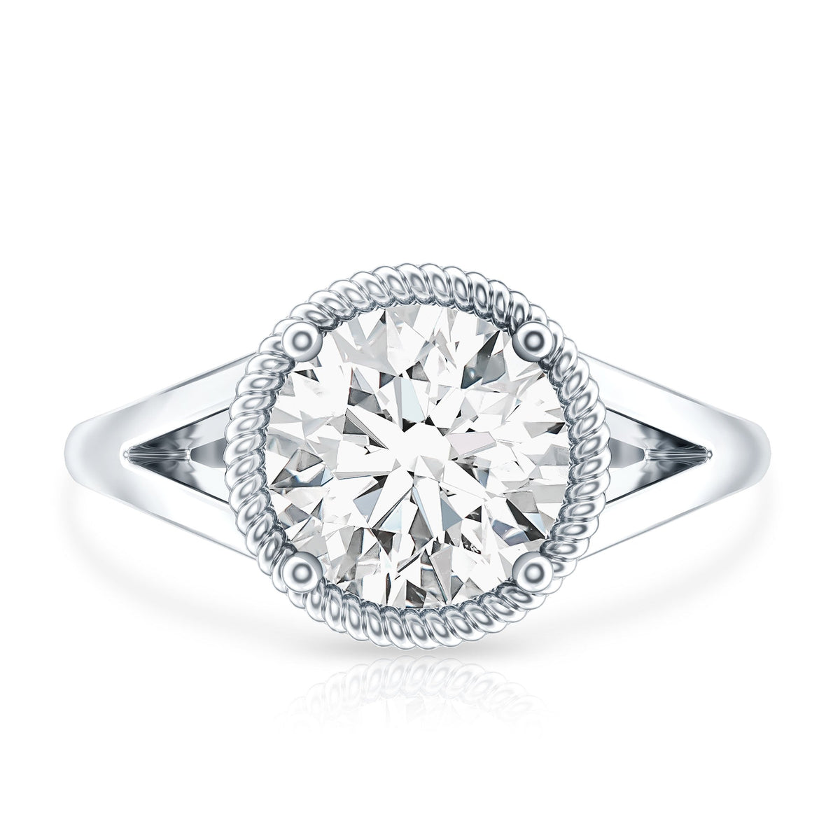 Round moissanite rope band engagement ring from Rosec Jewels, showcasing a 2-carat center stone and intricate band design.