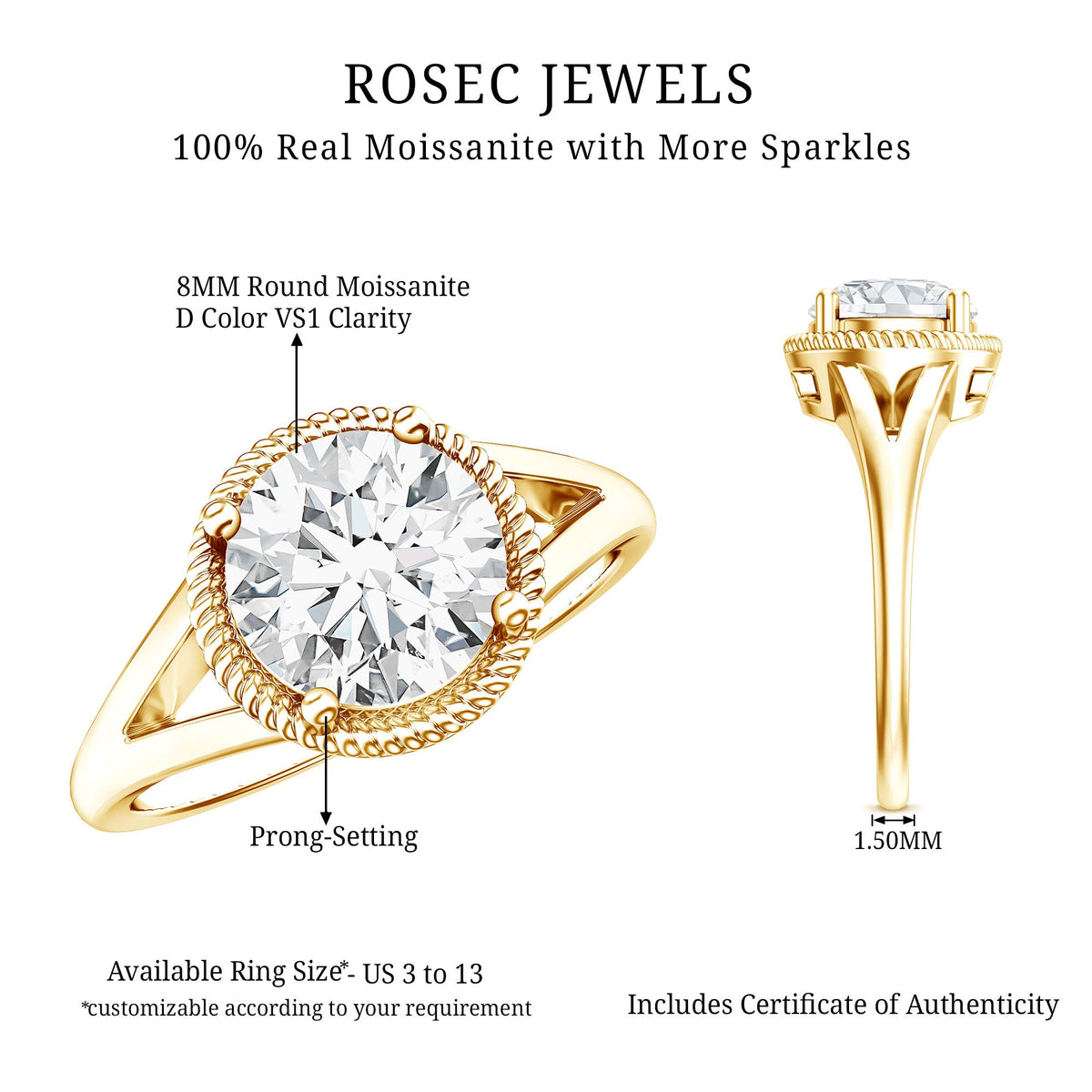 Round moissanite rope band engagement ring from Rosec Jewels, showcasing a 2-carat design with intricate rope detailing.