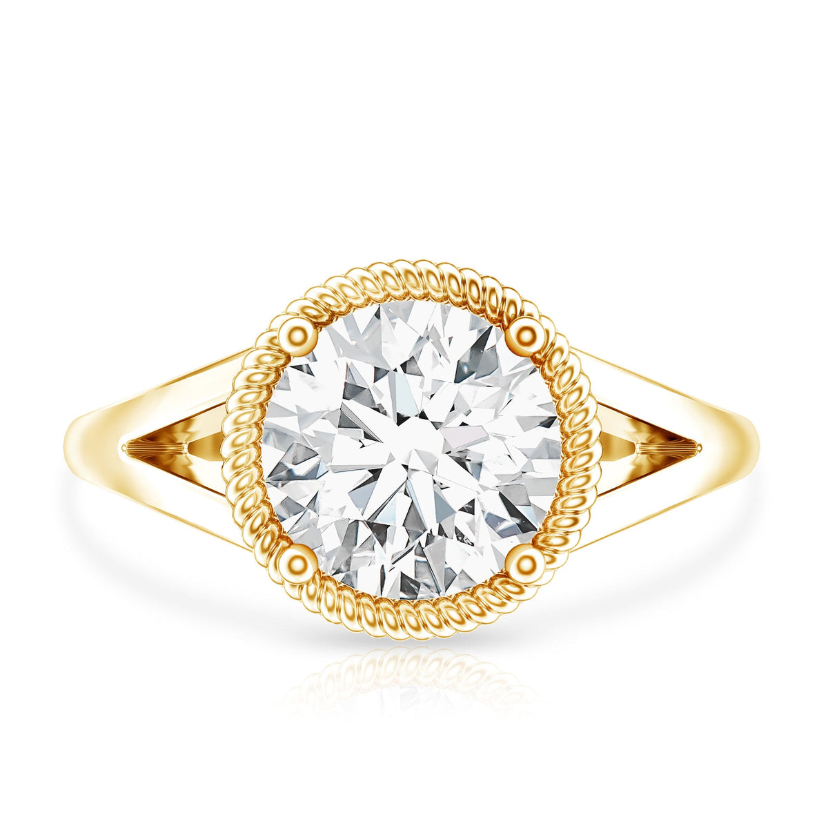 Two-carat round moissanite rope band engagement ring from Rosec Jewels featuring a detailed twisted design and sparkling stones.