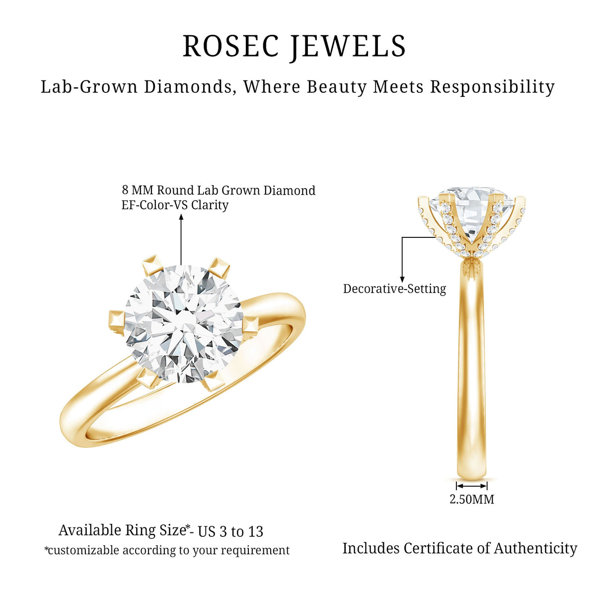 8 MM Round Brilliant Cut Lab Grown Diamond Engagement Ring