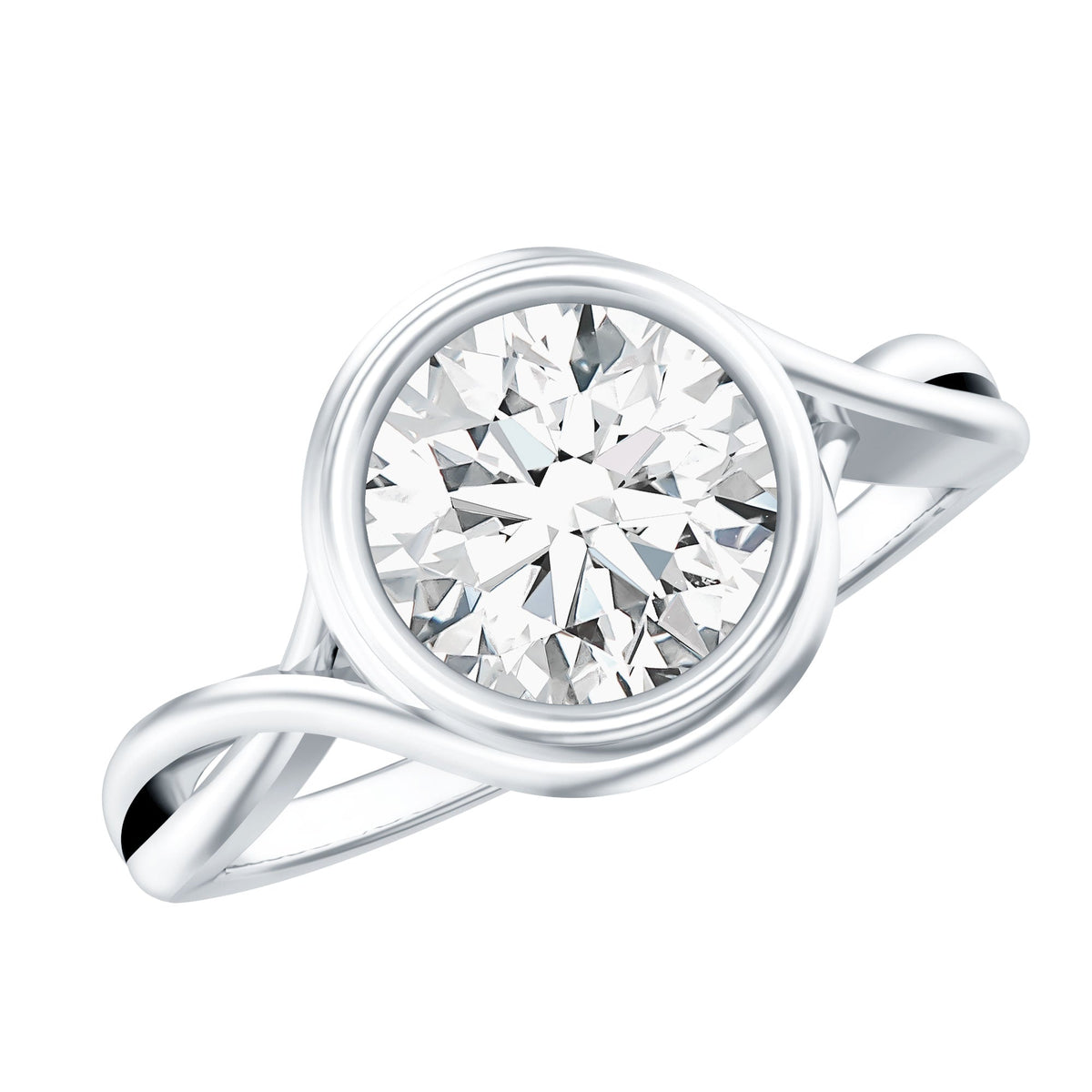 Certified Moissanite bezel set engagement ring with crossover shank, featuring a sparkling central stone and intricate band design.