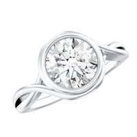 Certified Moissanite bezel set engagement ring with crossover shank, featuring a sparkling central stone and intricate band design.