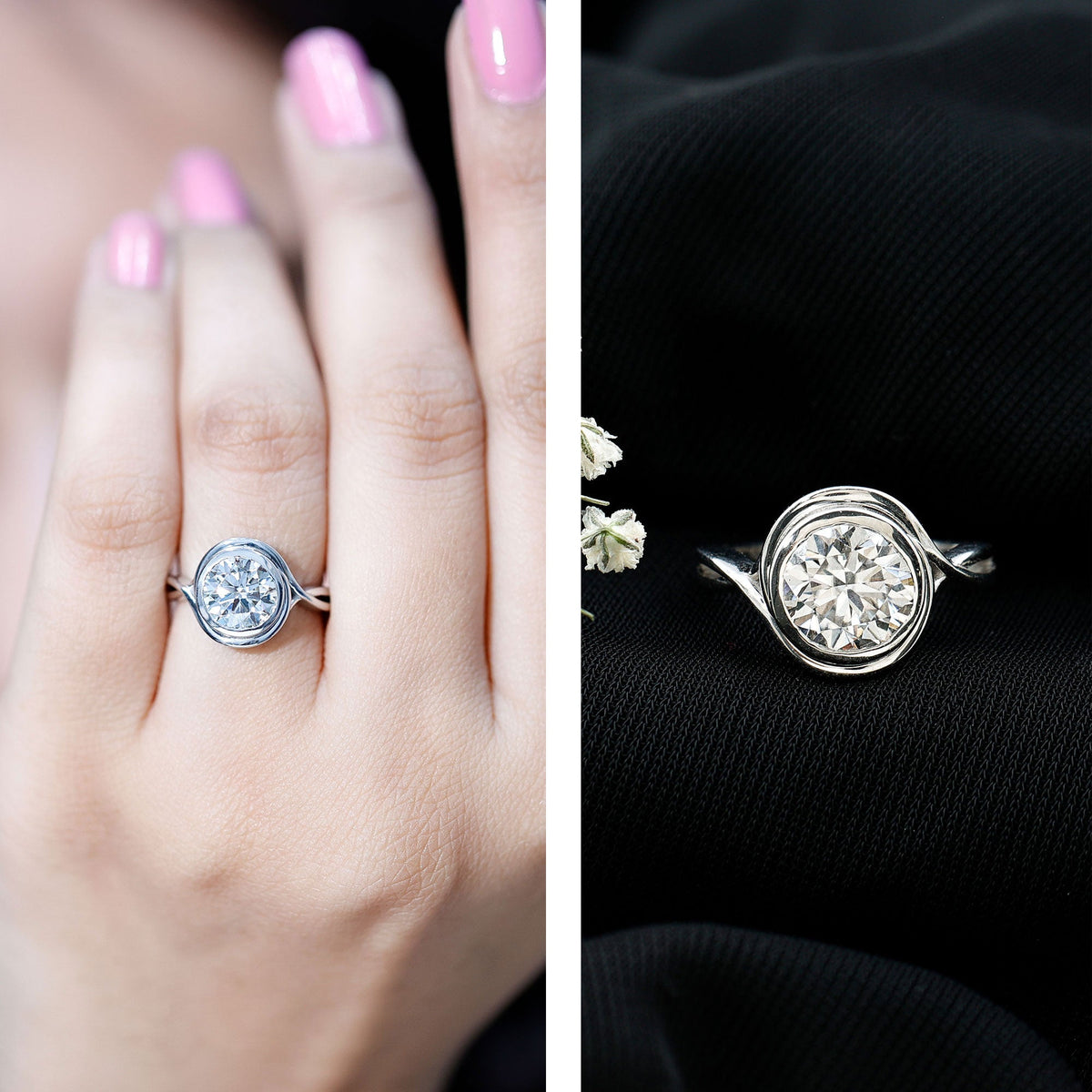 Rosec Jewels certified moissanite bezel set engagement ring with crossover shank, showcasing sparkling center stone and elegant band.