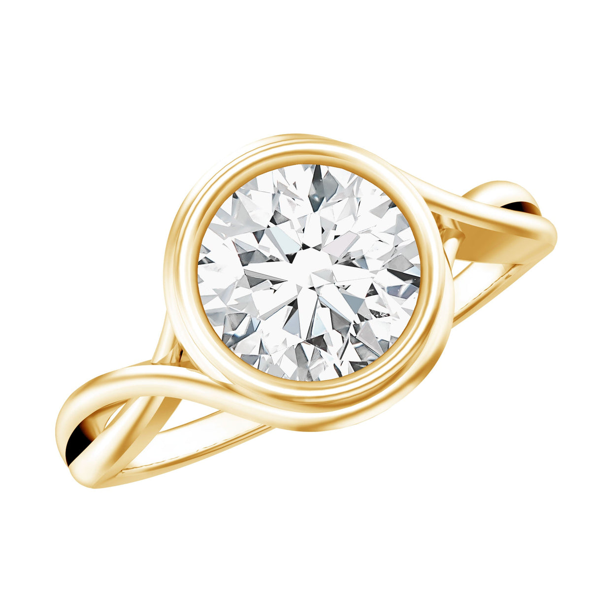 Rosec Jewels certified moissanite bezel set engagement ring with a crossover shank and elegant design.