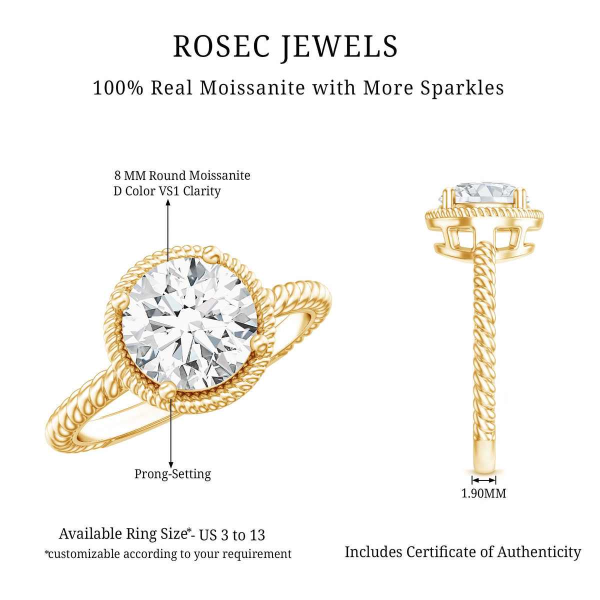 Brilliant Cut 8 MM Moissanite Rope Band Engagement Ring
