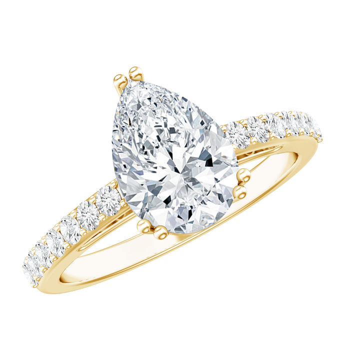 Pear-shaped 2-carat moissanite engagement ring with side stones from Rosec Jewels, featuring a sparkling, elegant design.