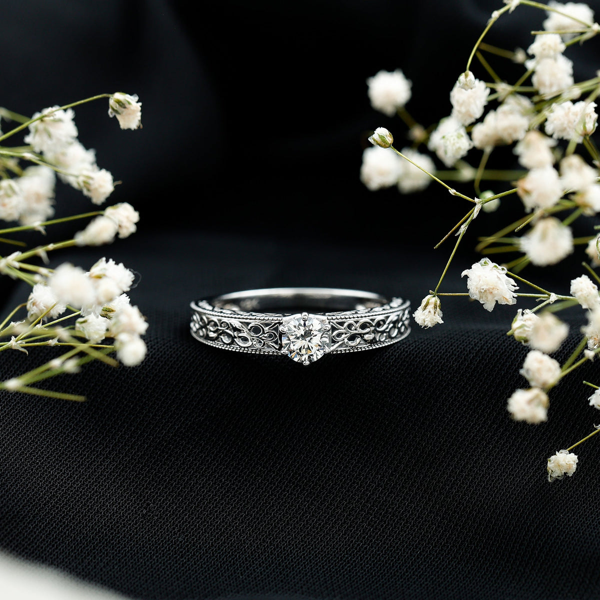 Cubic Zirconia Solitaire Vintage Inspired Filigree Ring in Claw Setting