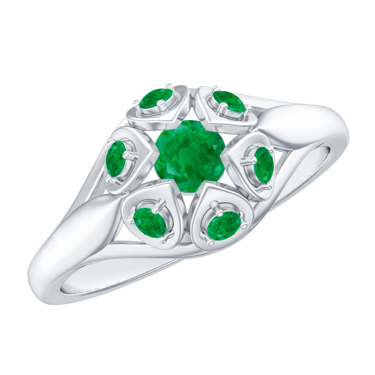 Vintage-inspired emerald flower engagement ring by Rosec Jewels featuring a central emerald surrounded by floral design.