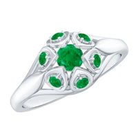 Vintage-inspired emerald flower engagement ring by Rosec Jewels featuring a central emerald surrounded by floral design.