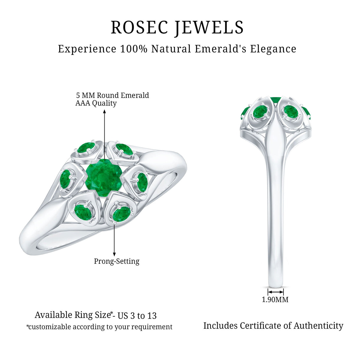 Vintage-inspired emerald flower engagement ring by Rosec Jewels featuring a detailed floral design and sparkling gemstone centerpiece.