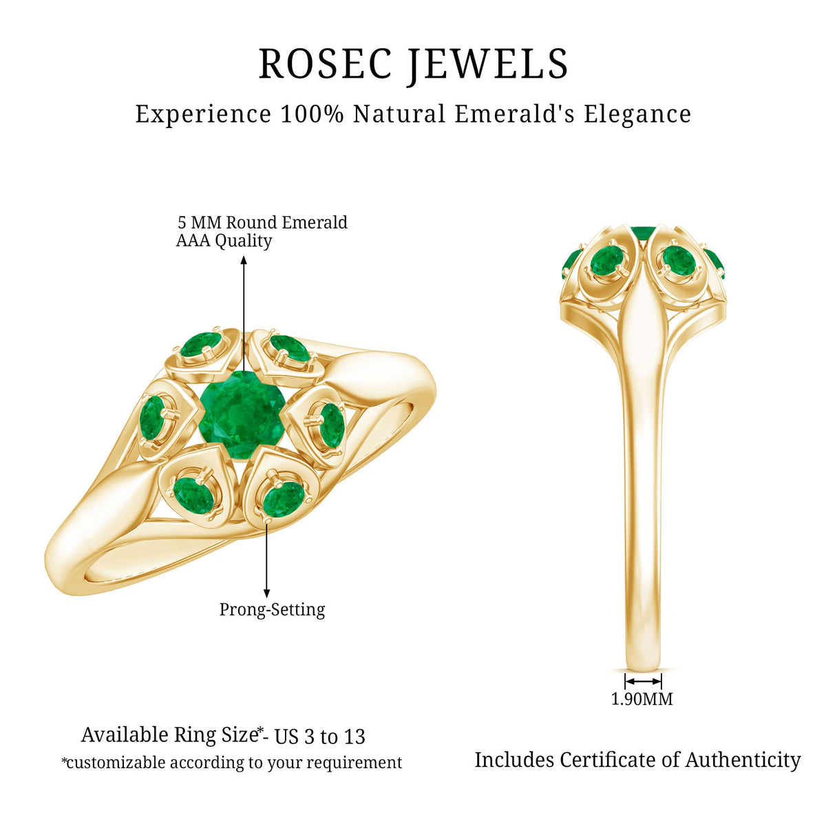 Vintage-inspired emerald flower engagement ring by Rosec Jewels featuring an intricate floral design and vibrant green gemstone.