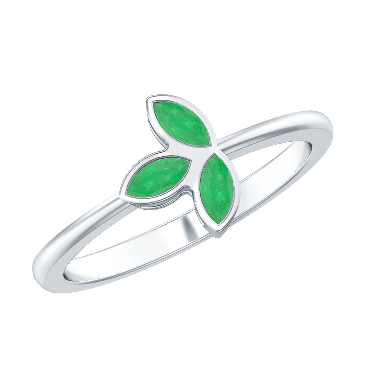 Marquise cut emerald leaf promise ring in bezel setting by Rosec Jewels, showcasing intricate leaf design and sparkling green gemstone.