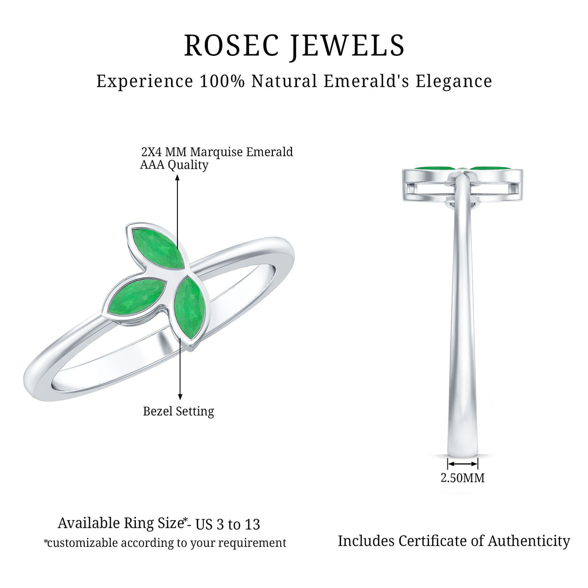 Marquise cut emerald leaf promise ring in bezel setting by Rosec Jewels, showcasing intricate leaf design and sparkling emerald gemstone.