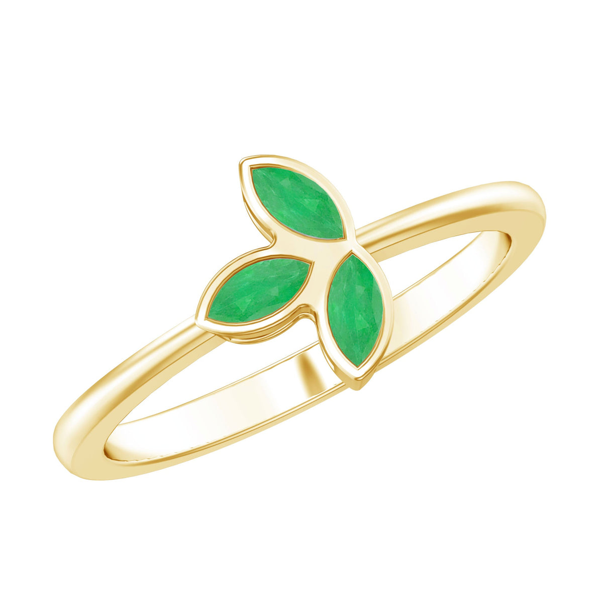 Marquise cut emerald leaf promise ring in bezel setting by Rosec Jewels, featuring a detailed emerald leaf design on a silver band.