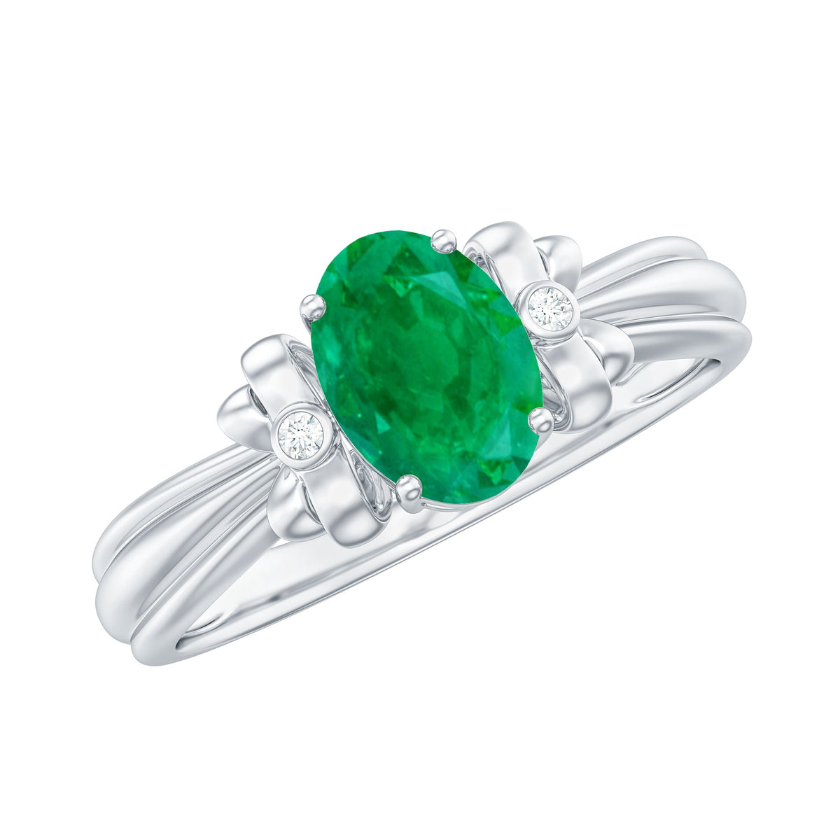 Oval cut emerald solitaire engagement ring with bow design, featuring a silver band and detailed craftsmanship.