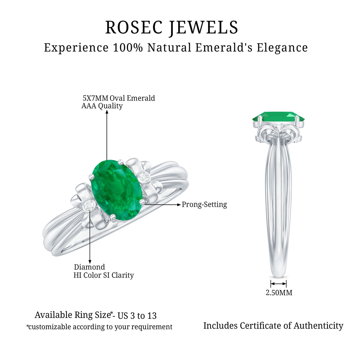 Oval cut emerald solitaire engagement ring with bow design, featuring a rose gold band and intricate detailing.