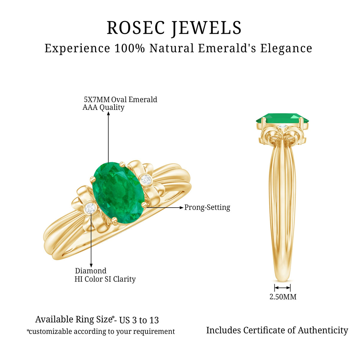 Oval cut emerald solitaire engagement ring with bow design, featuring a detailed platinum band from Rosec Jewels.