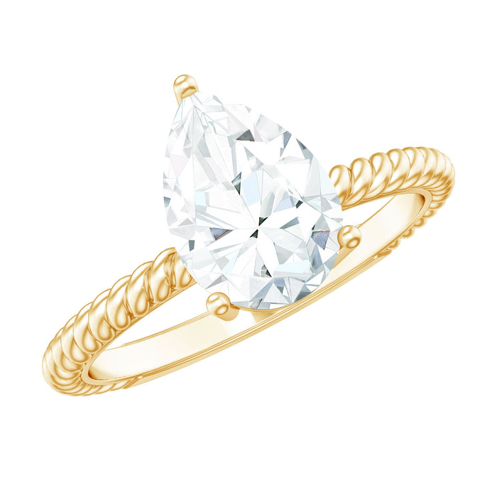 Pear-shaped moissanite solitaire engagement ring by Rosec Jewels with a brilliant cut diamond design.