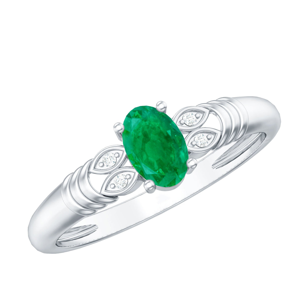 Real Oval Emerald Solitaire Engagement Ring with Diamond