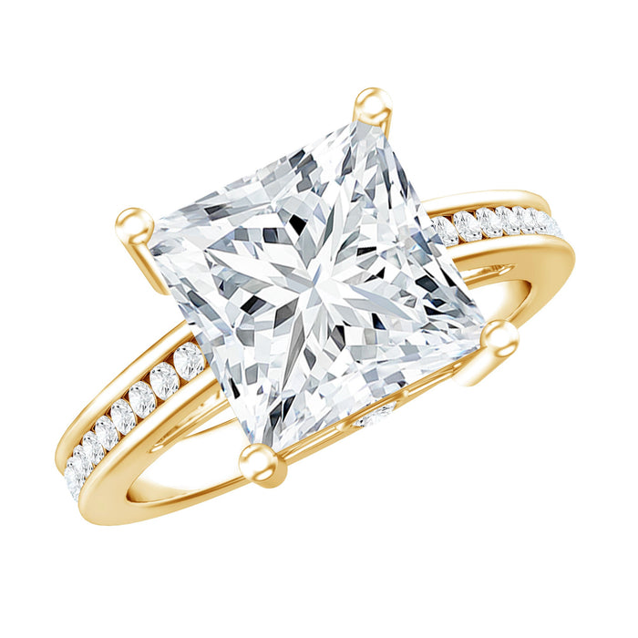 Solitaire moissanite princess cut engagement ring with side stones, crafted by Rosec Jewels, featuring a sparkling center stone and elegant design.