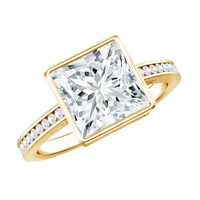 Rosec Jewels 3-carat moissanite bezel and channel set engagement ring, showcasing sparkling stones and elegant metal band.