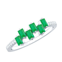 Rosec Jewels emerald promise ring featuring baguette cut emerald center stone with diamond side stones, elegant and sparkling jewelry.