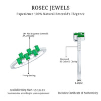 Rosec Jewels emerald promise ring featuring baguette cut emerald center stone with diamond side stones on a sleek band.
