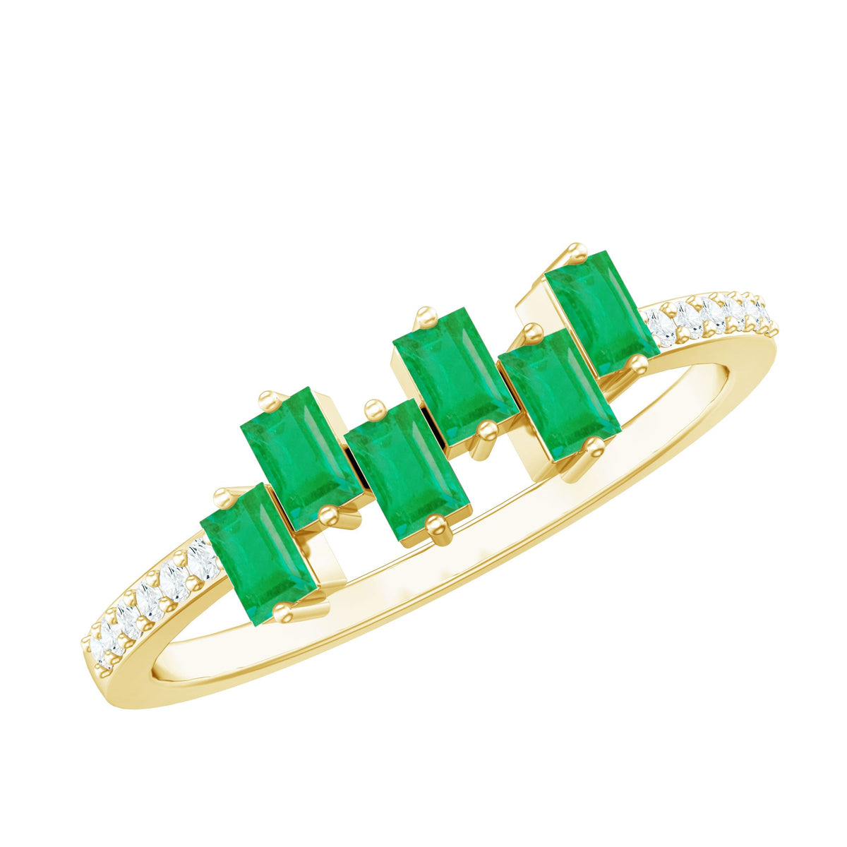 Rosec Jewels emerald promise ring featuring baguette cut emerald center stone with diamond side stones, in a sleek gold band.