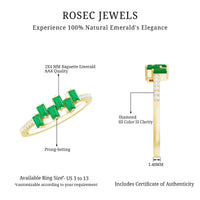 Rosec Jewels emerald promise ring featuring a baguette cut emerald center stone with diamond side stones.